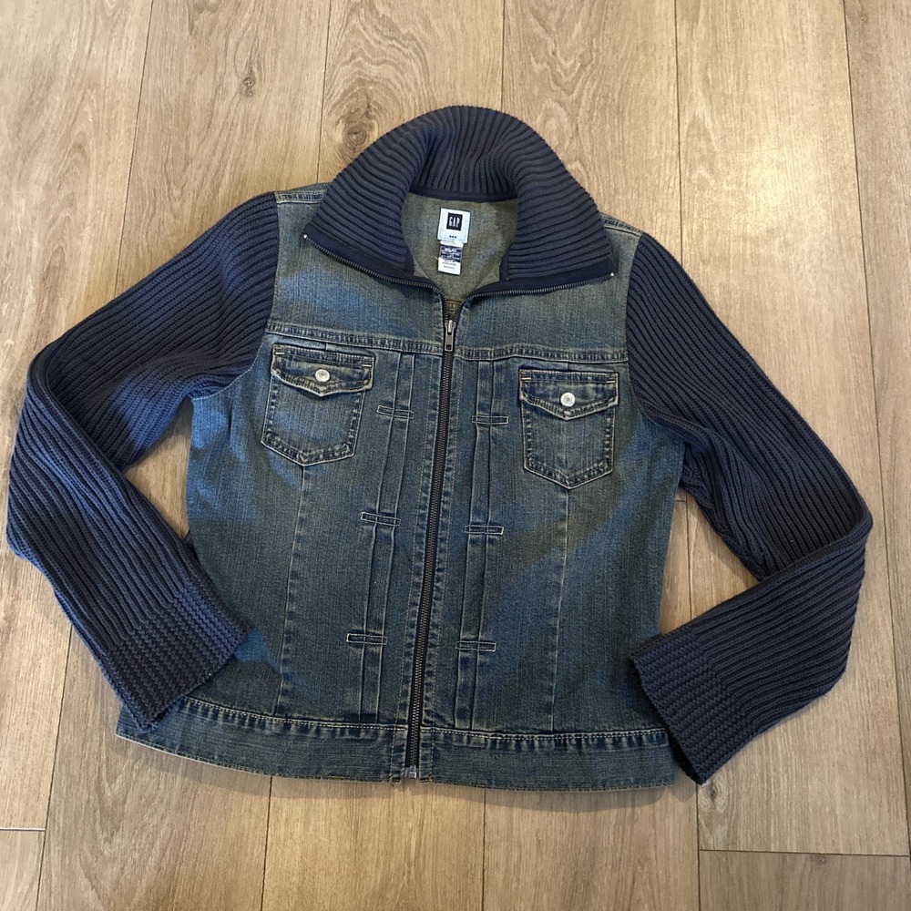 Vintage Gap Women's Blue Denim Jean Jacket Full Zip Knit Collar & Sleeves Retro